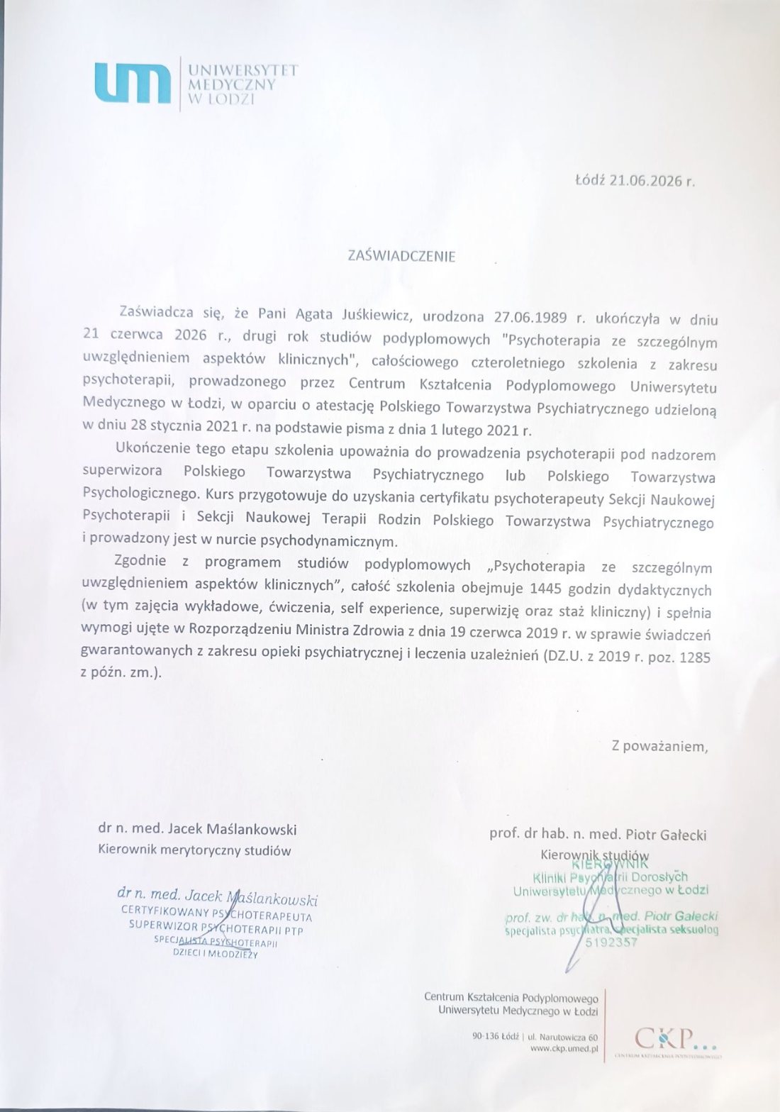 Zaświadczenie o ukończeniu drugiego roku szkolenia psychoterapeutycznego