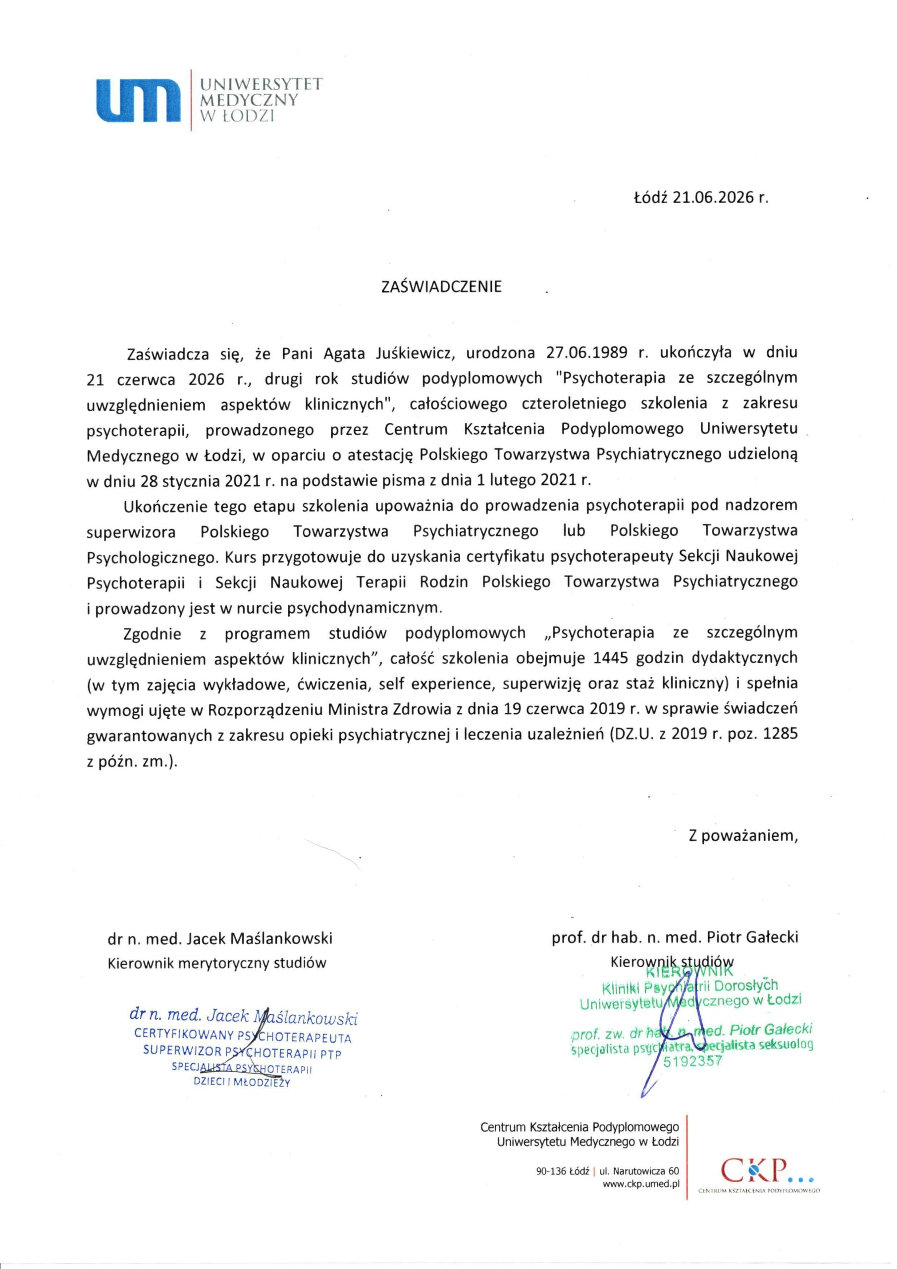 Zaświadczenie o ukończeniu drugiego roku szkolenia psychoterapeutycznego